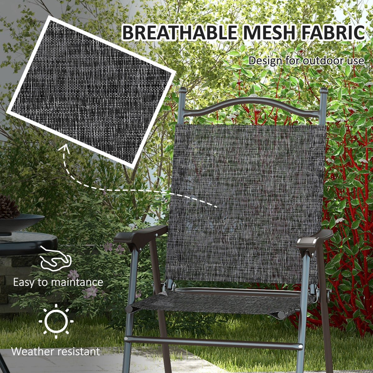 Folding garden chair with breathable gray mesh seat and back, shown from the front