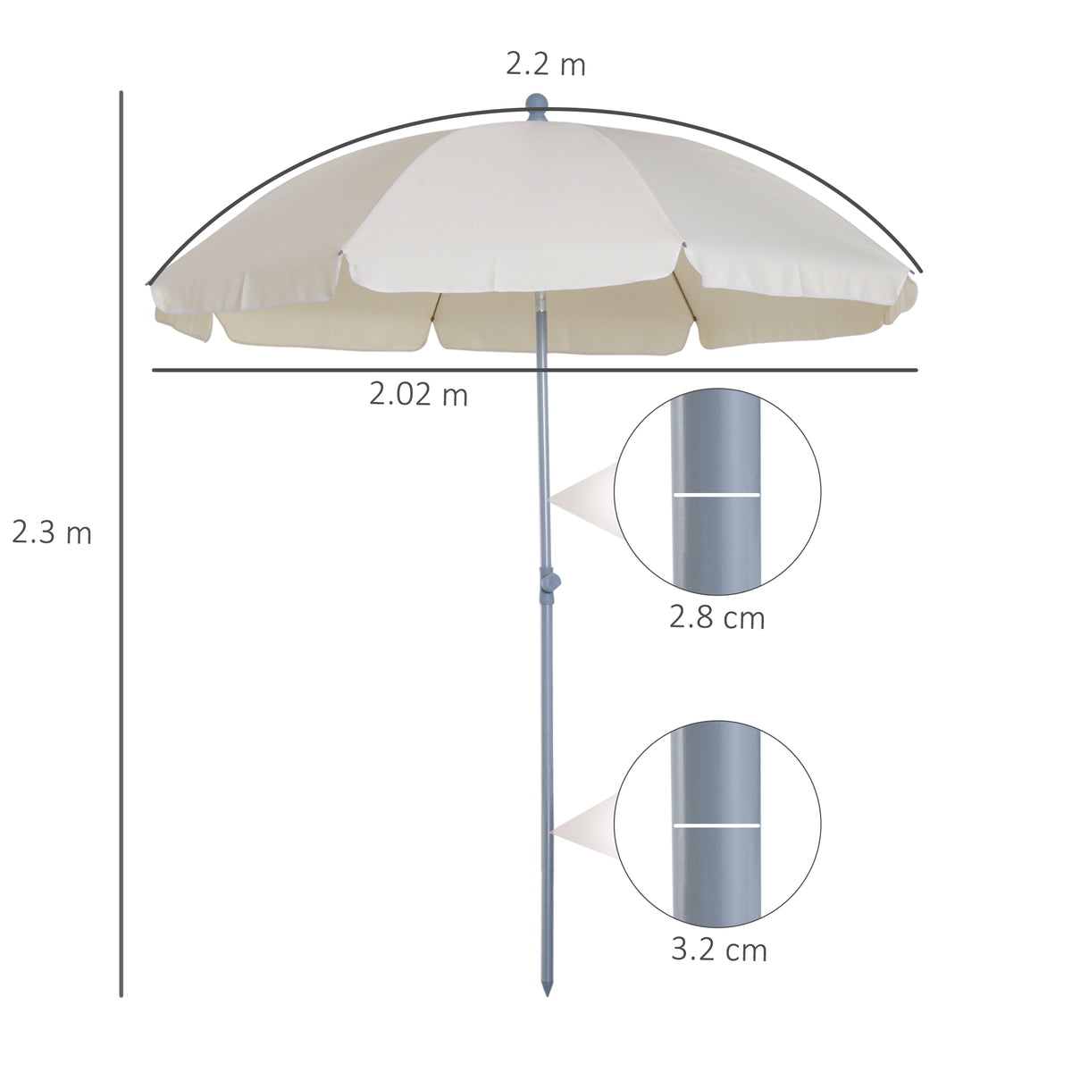 Cream beach umbrella with 2.2 m canopy and pointed pole, shown with dimensions