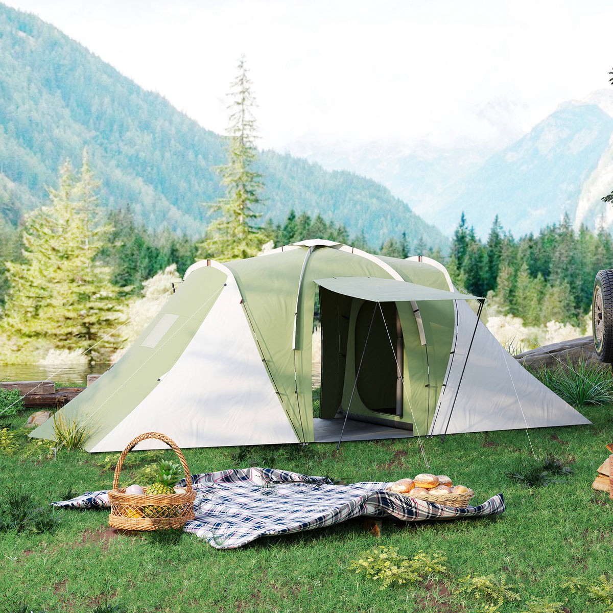 Outsunny Large Camping Tent Tunnel Tent with 2 Bedroom and Living Area, 2000mm Waterproof, Portable with Bag for 4 Man, Green