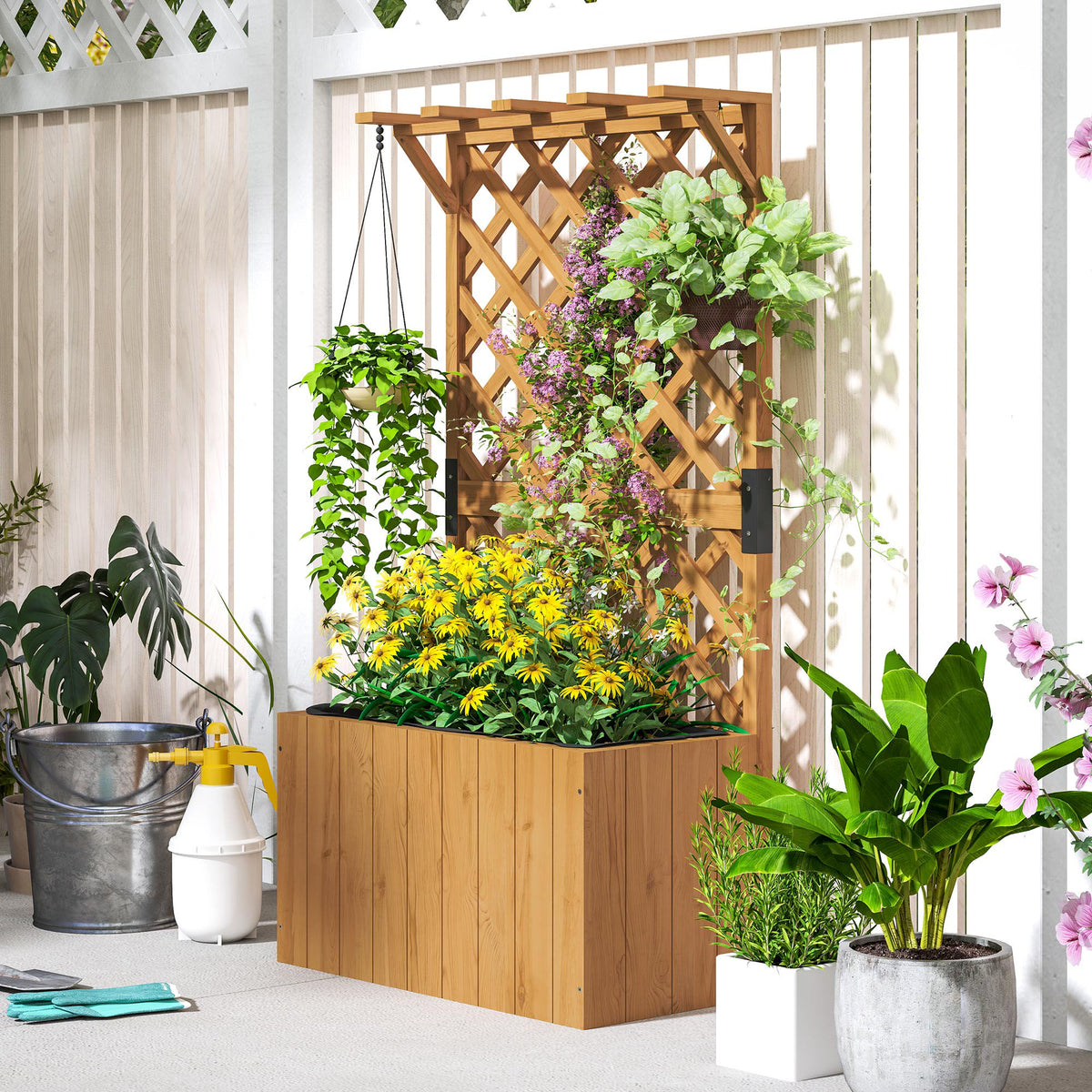 Outsunny natural wood planter with trellis displayed among flowering plants