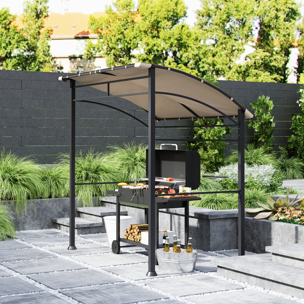 Outsunny BBQ gazebo with curved khaki canopy sheltering a barbecue grill