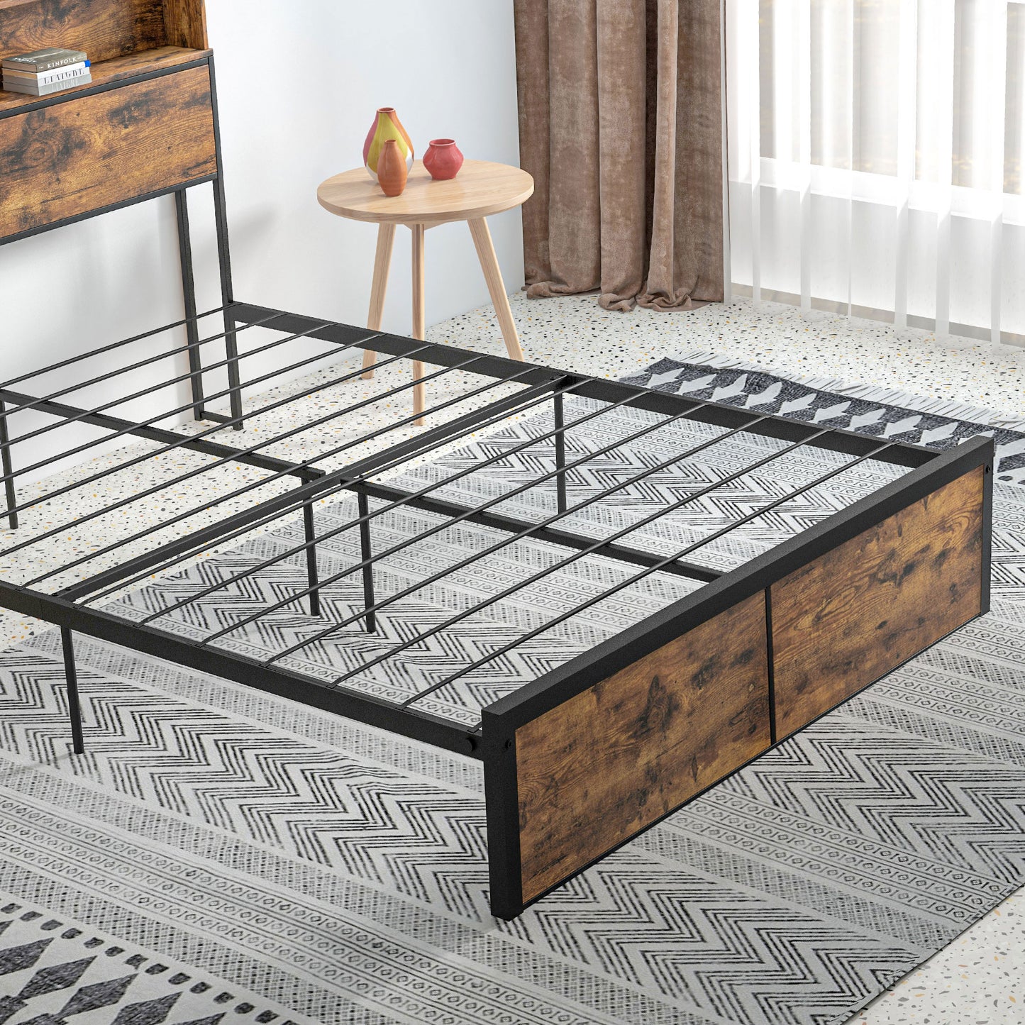 HOMCOM Industrial Double Bed Frame with Storage Headboard & Under-Bed Space – Robust Steel Base, 4.8 ft Double Bed, Rustic Brown