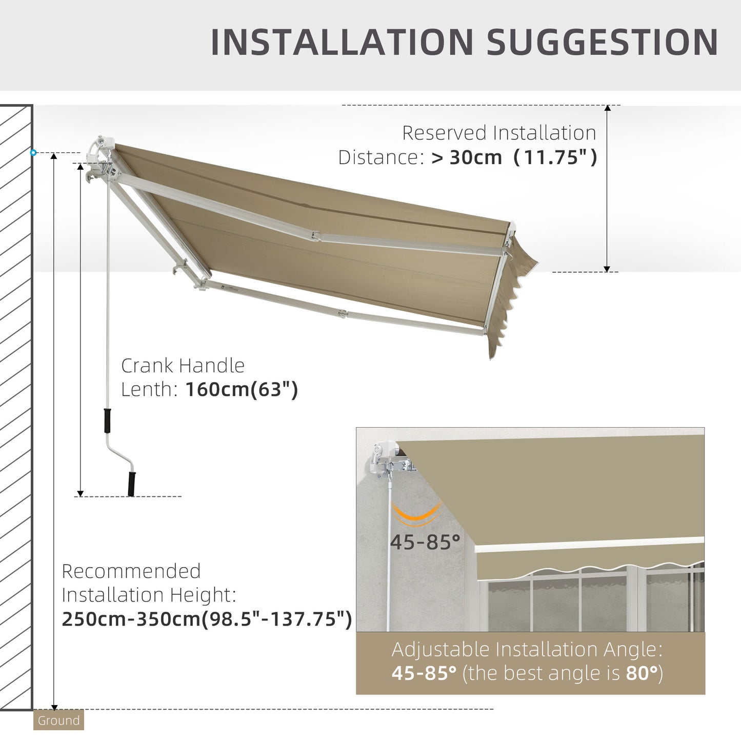 Outsunny 2.5x2 m Manual Retractable Awning-Khaki Canopy, White Frame
