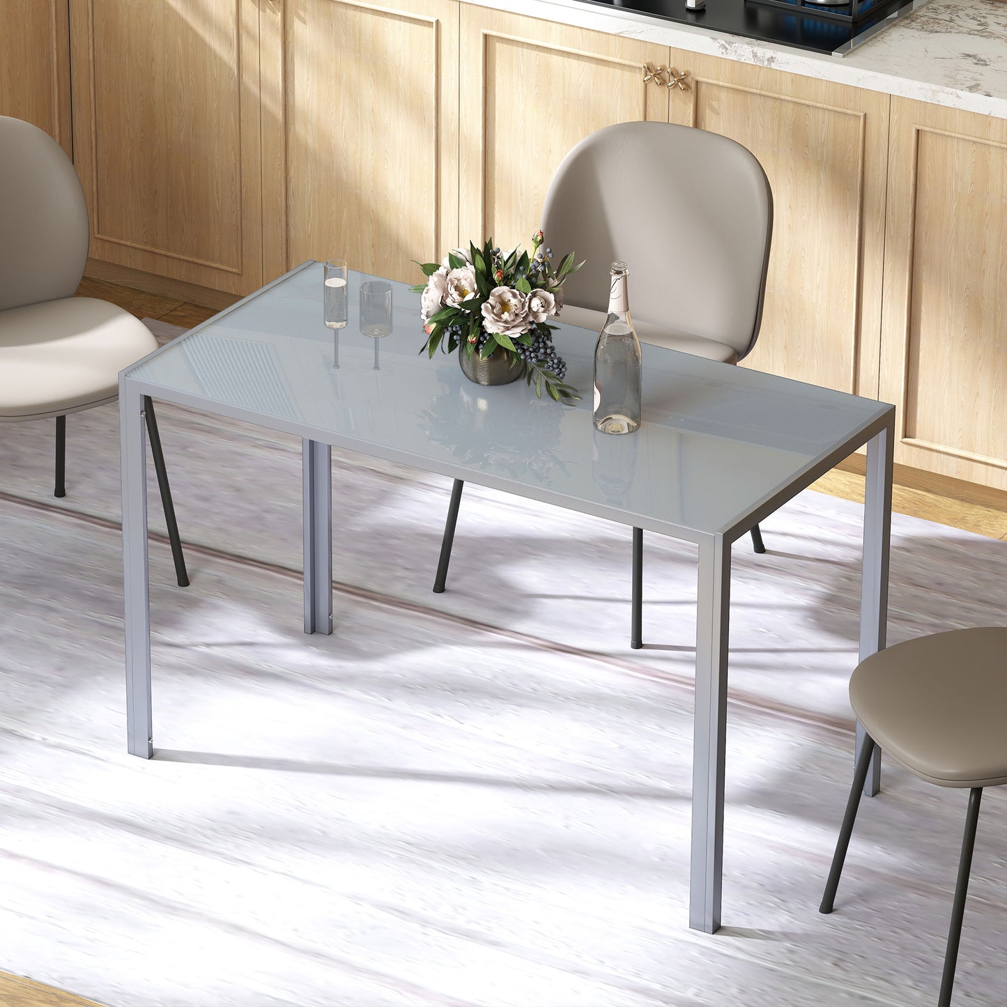 HOMCOM 120cm Dining Table, Rectangle 4 Seater Kitchen Table with Tempered Glass Top and Metal Legs, Grey