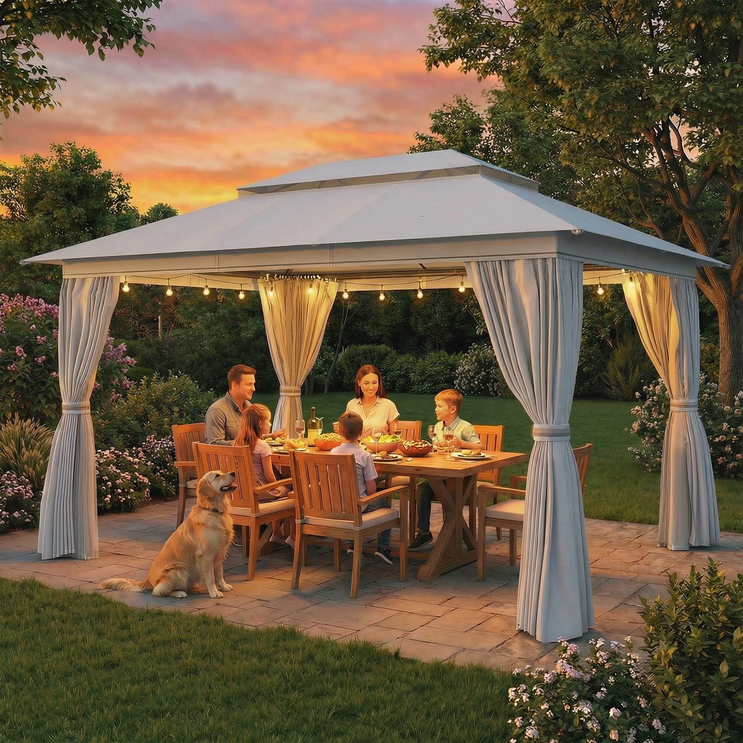 Outsunny 3 x 4 m Outdoor Garden Gazebo with Netting and Curtains, UPF50+ Patio Gazebo Permanent Pavilion Canopy, Dark Grey