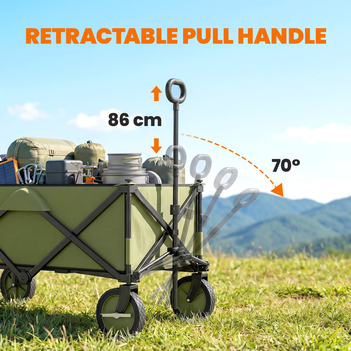 Green wagon with adjustable pull handle that tilts up to 70 degrees