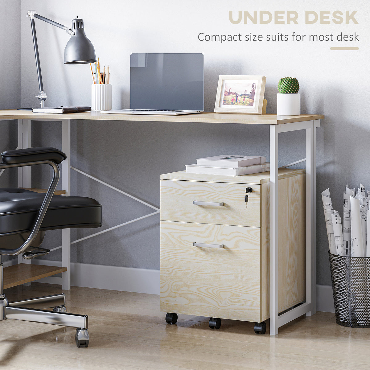 Light oak two-drawer filing cabinet on wheels positioned beneath a desk