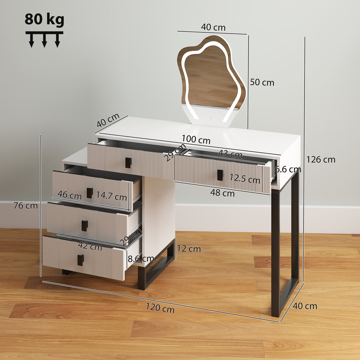 White vanity desk with leaf-shaped mirror, five drawers, black metal legs, and dimensions shown.