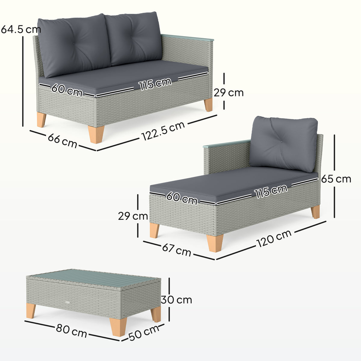 Outsunny rattan set components with cushions and coffee table, shown with dimensions