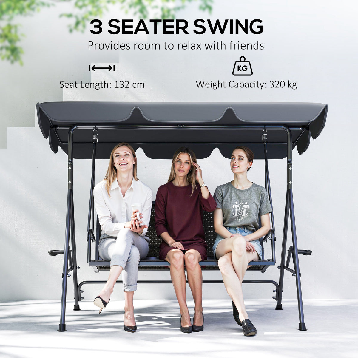 Outsunny swing chair seats three people beneath a wide canopy