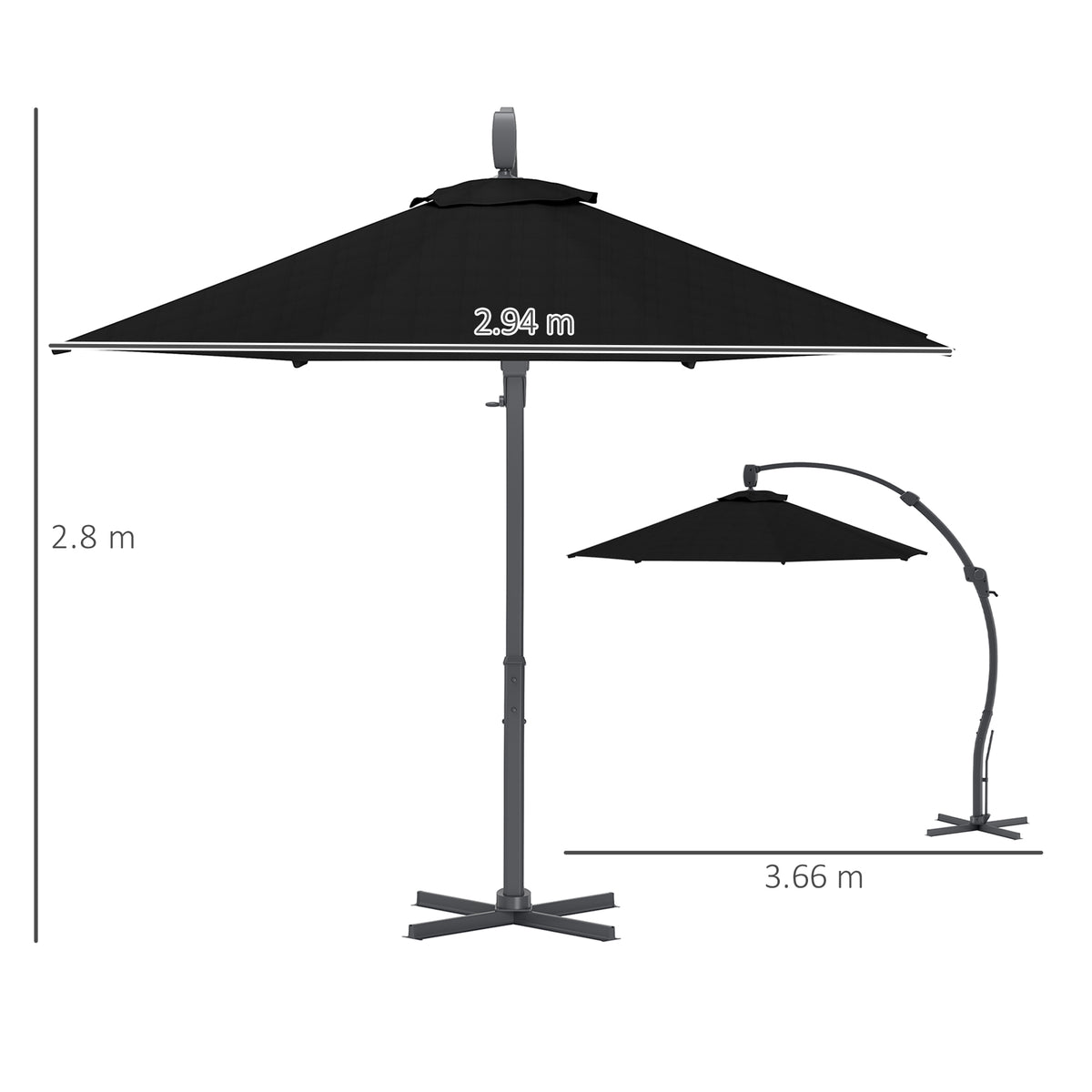 Outsunny black cantilever umbrella with dimensions and upright pole configuration