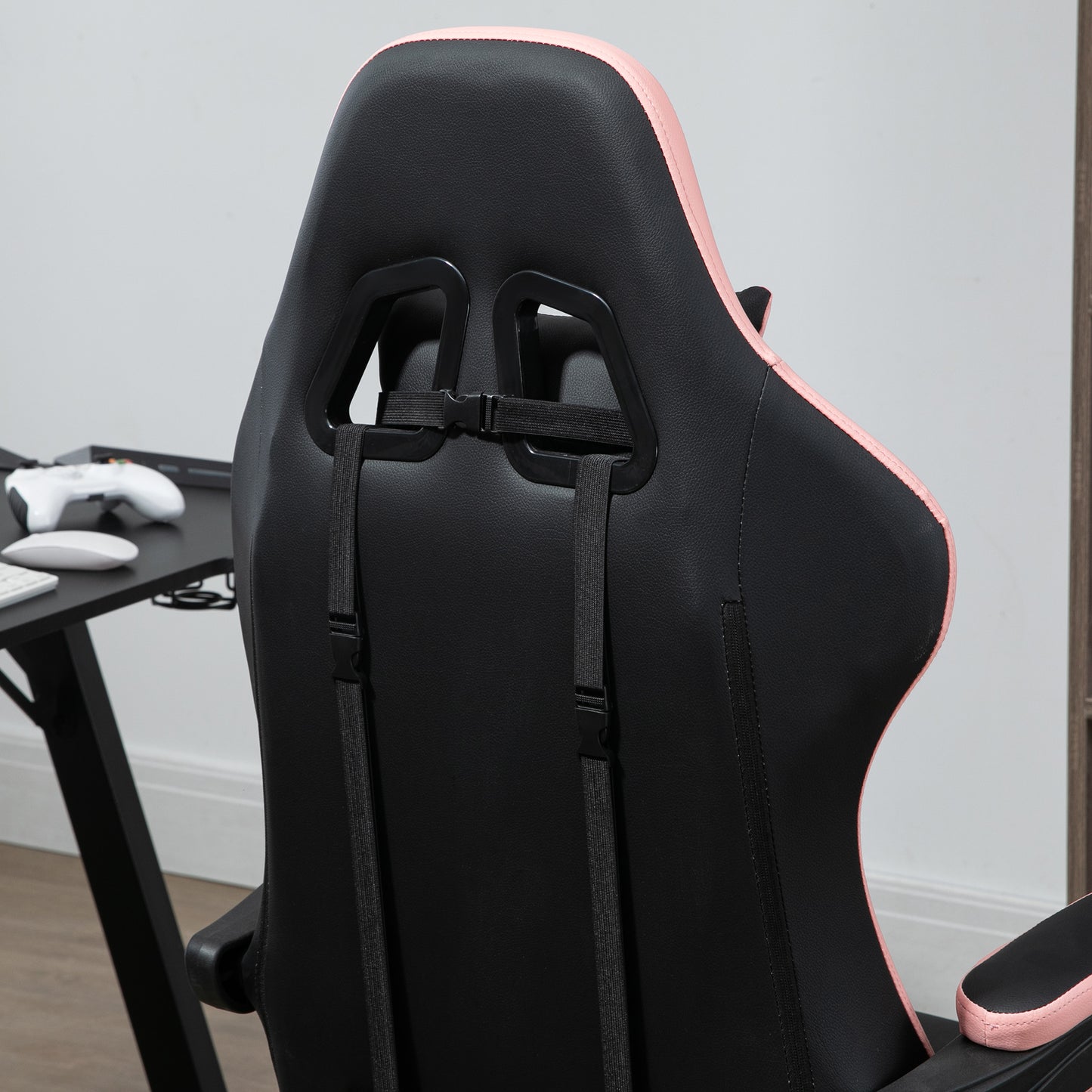 Vinsetto Computer Gaming Chair, PU Leather Office Desk Chair with Footrest, Swivel Wheels, 135° Reclining Back, Lumbar Support, Headrest for Home, Black and Pink