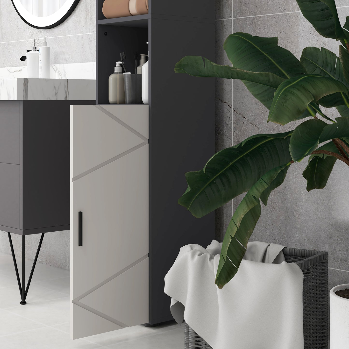 kleankin Line Embossed Tall Bathroom Storage Cabinet with Three-position Adjustable Shelves for Minimalist Style - Grey