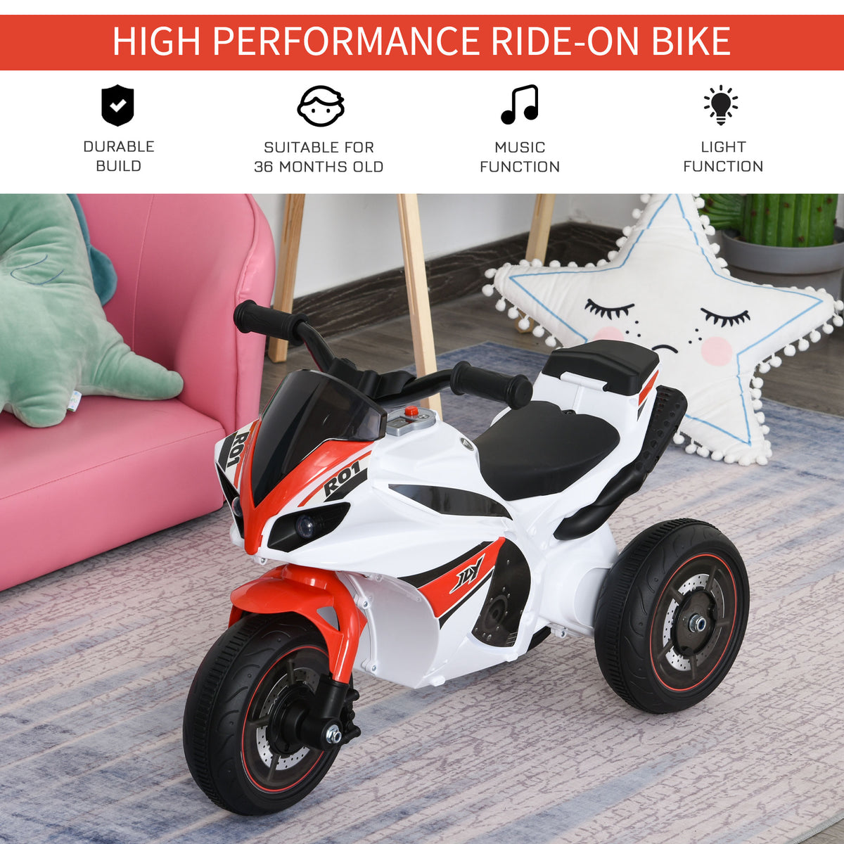 HOMCOM white and red three-wheel ride-on police motorcycle with music and lights