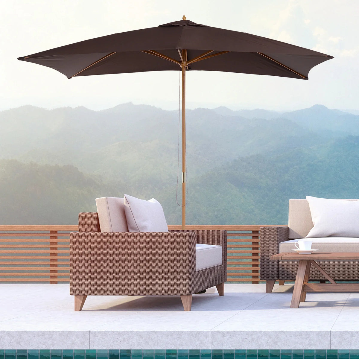 Photo of Grey Wooden parasol with rattan sofa set in front of mountain view 