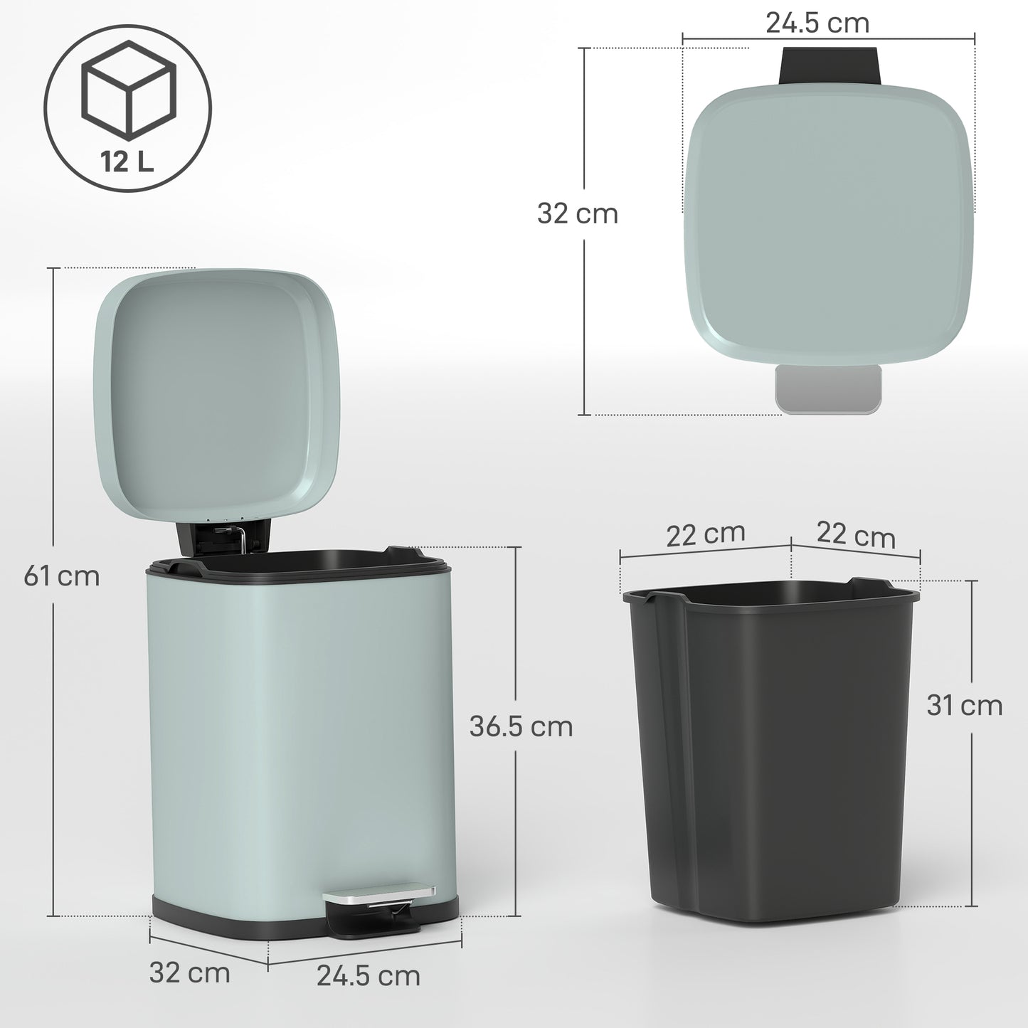 HOMCOM 12L Modern Boxy Metal Home Kitchen Bin - Light Green
