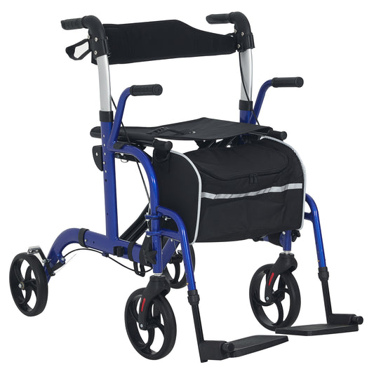 Photo of HOMCOM 2 in 1 Wheelchair Transport Chair & Folding Rollator Walker with Seat, Backrest, Footrest, Lightweight Walking Frame with Bag, Adjustable Height, 4 Wheeled Walker for Seniors, Pearl Blue in Blue colour on a white background