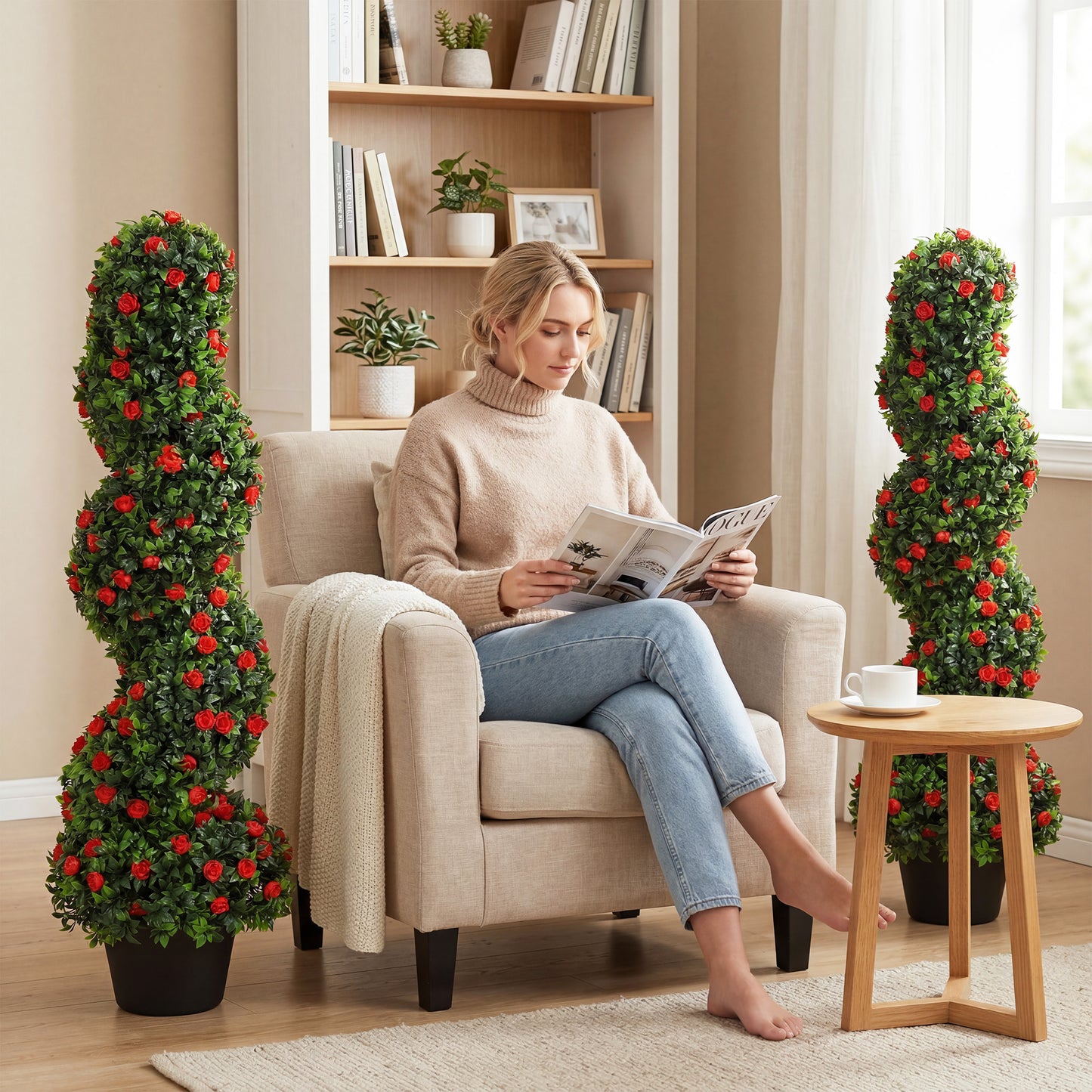 HOMCOM Decorative Artificial Plants Set of 2, UV Resistant Fake Plants in Pot for Indoor Outdoor Decor, 90cm, Red