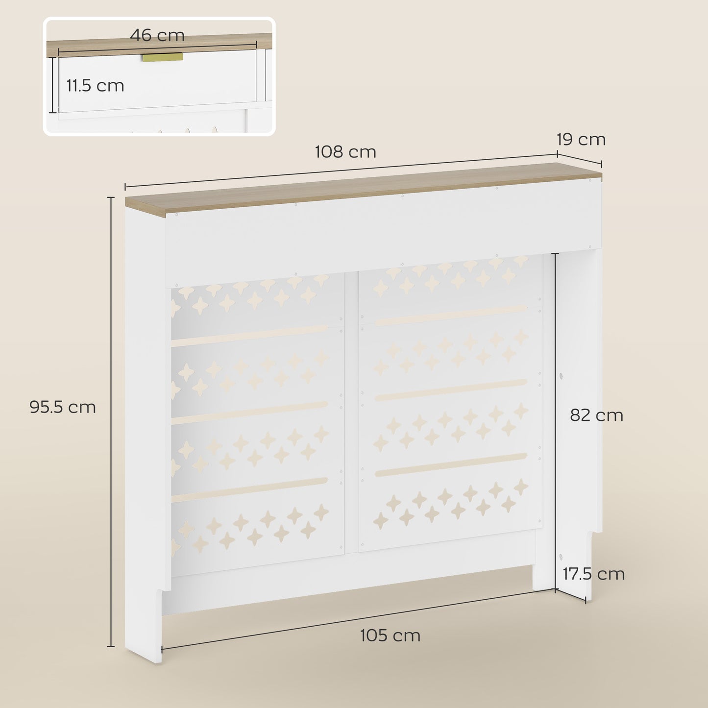 HOMCOM 108 x 19 cm Minimal Radiator Cover, with 2 Drawers - White