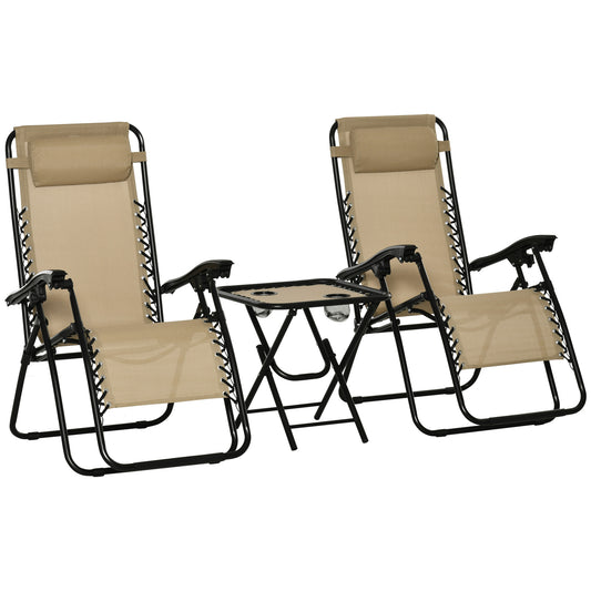 Photo of Outsunny Folding Zero Gravity Chairs, 3 Pieces Adjustable Sun Lounger and Table Set with Cup Holder and Headrest, Patio Bistro Set with Reclining Garden Chairs for Outdoor, Beige in Beige colour on a white background