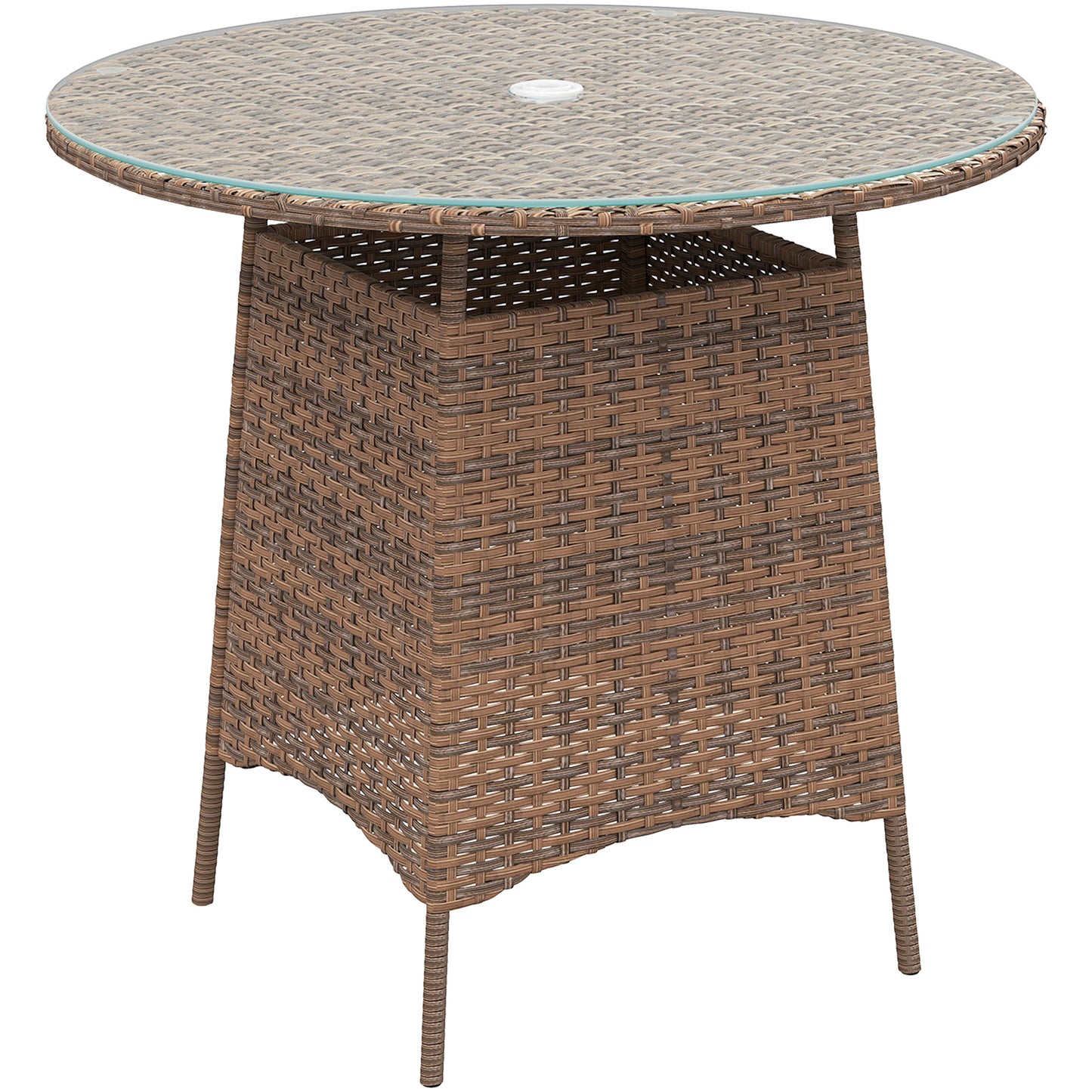 Photo of Outsunny Wicker Garden Rattan Table, Patio Furniture Outdoor Coffee Table with Umbrella Hole and Tempered Glass Top, Brown in Brown colour on a white background
