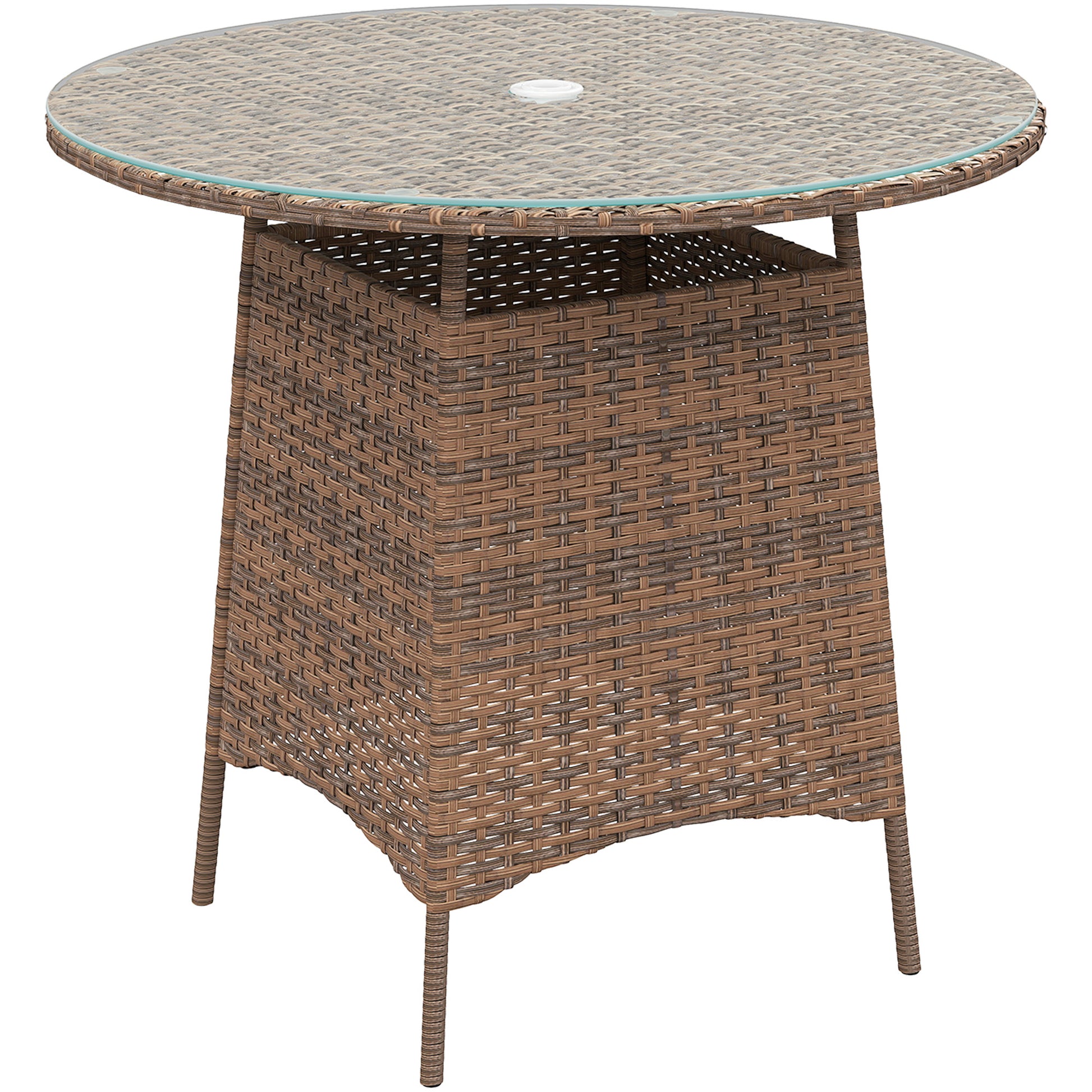 Photo of Outsunny Wicker Garden Rattan Table, Patio Furniture Outdoor Coffee Table with Umbrella Hole and Tempered Glass Top, Brown in Brown colour on a white background