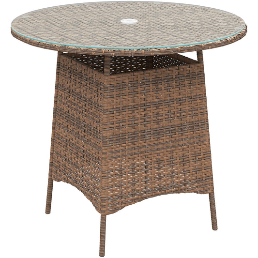 Photo of Outsunny Wicker Garden Rattan Table, Patio Furniture Outdoor Coffee Table with Umbrella Hole and Tempered Glass Top, Brown in Brown colour on a white background