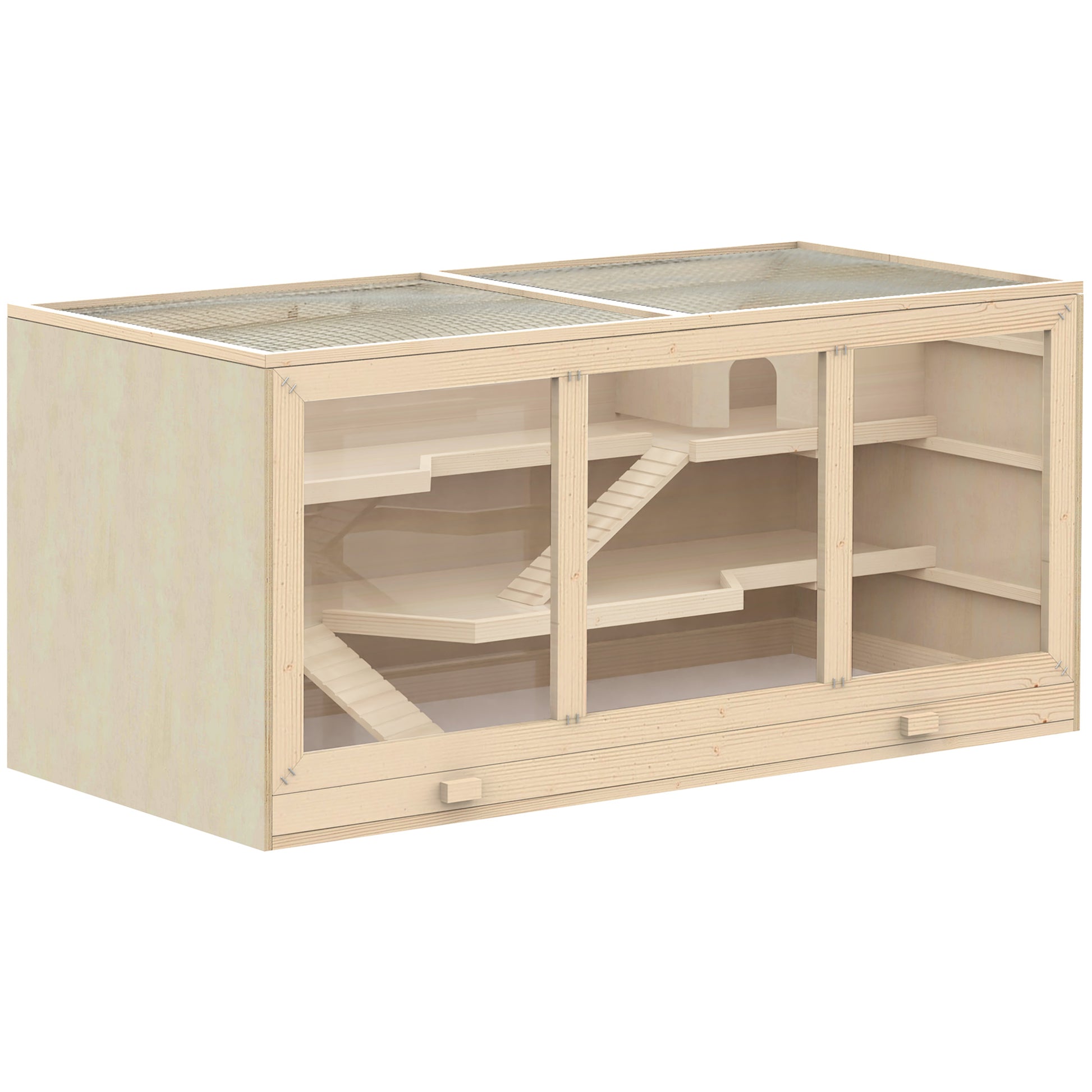 Photo of PawHut Wooden Hamster Cage, Small Animals Hutch with Tray, Openable Top, Exercise Play House Pen, 115L x 57W x 55Hcm, Natural in Natural colour on a white background