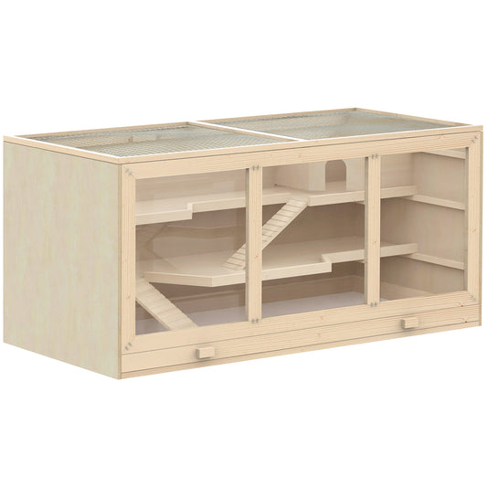 Photo of PawHut Wooden Hamster Cage, Small Animals Hutch with Tray, Openable Top, Exercise Play House Pen, 115L x 57W x 55Hcm, Natural in Natural colour on a white background