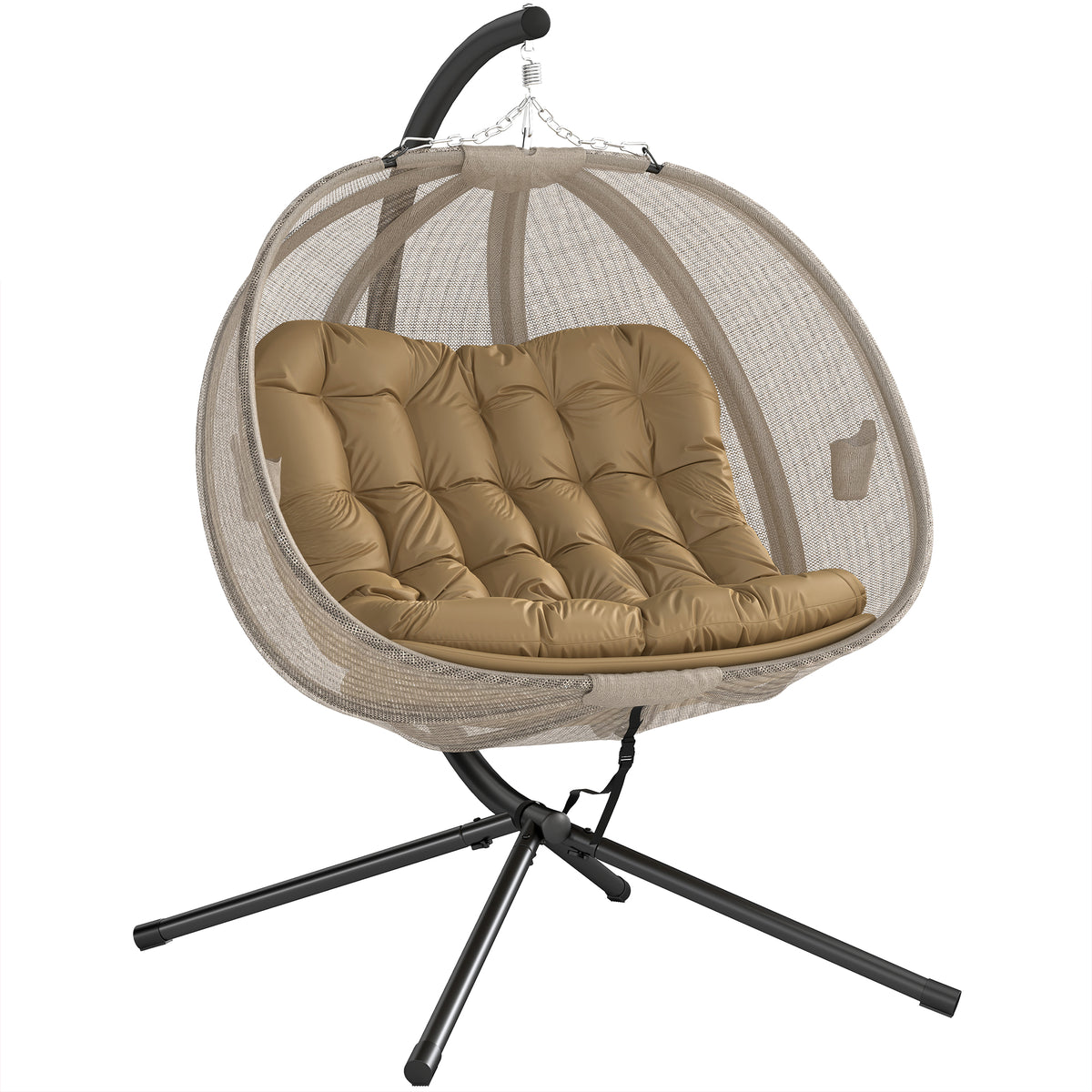 Outsunny double hanging egg chair with padded brown cushions and black steel stand