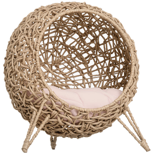Photo of PawHut Wicker Cat Bed, Ball-Shaped Rattan Elevated Cat Basket with Three Tripod Legs, Cushion - Natural Wood Finish in Finish colour on a white background