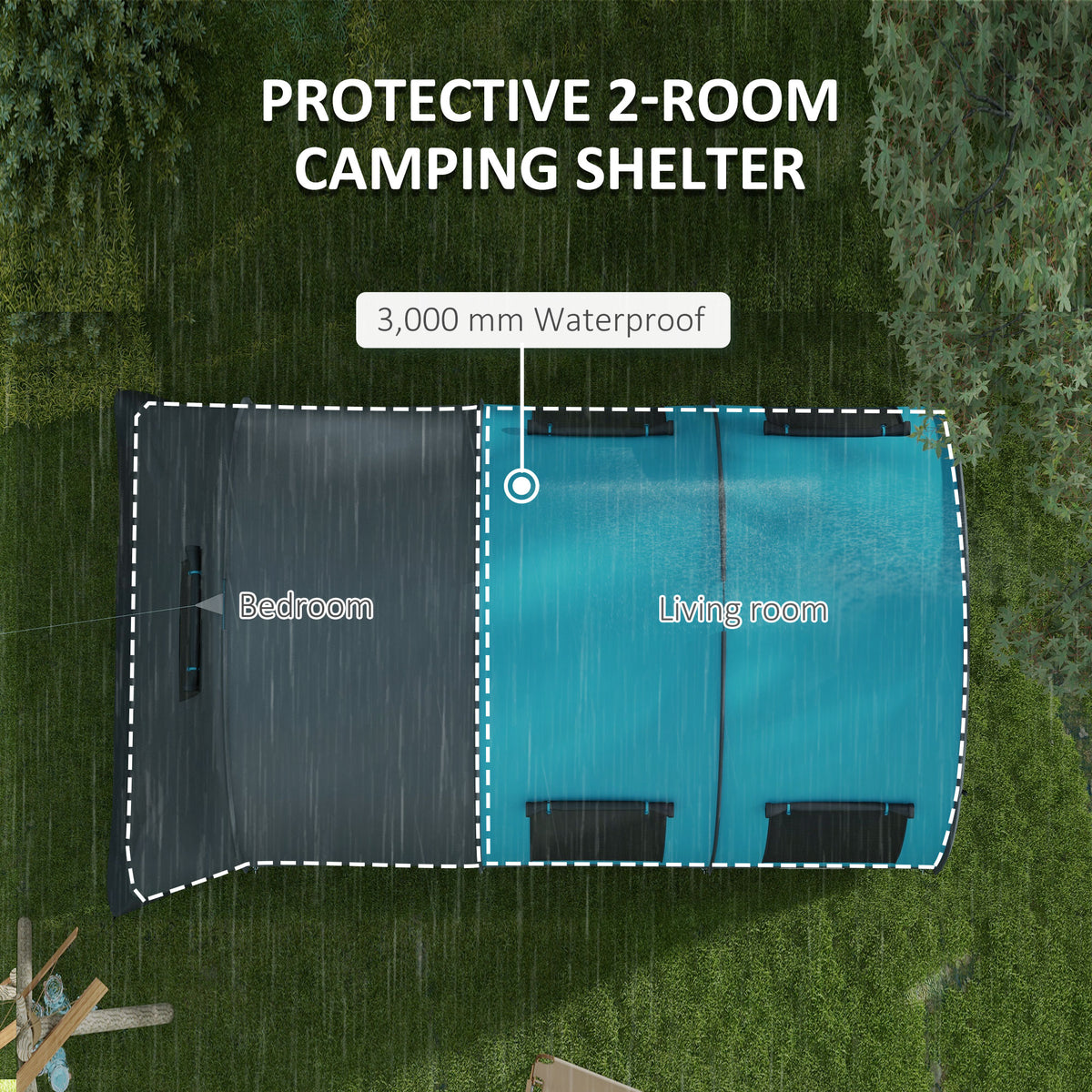 Outsunny Three Man Duo Room Tunnel Tent, with Accessories - Grey/Blue