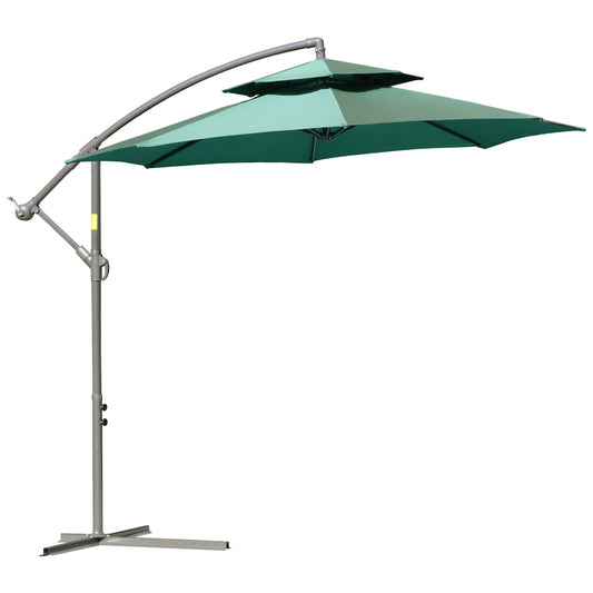 Photo of Outsunny 2.7m Banana Parasol Cantilever Umbrella with Crank Handle, Double Tier Canopy and Cross Base for Outdoor, Hanging Sun Shade, Green in Green colour on a white background