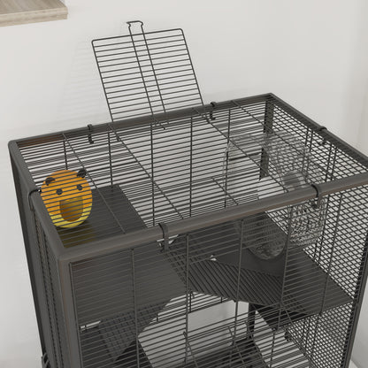 PawHut hamster cage viewed from above, showing open roof door, platforms and running wheel