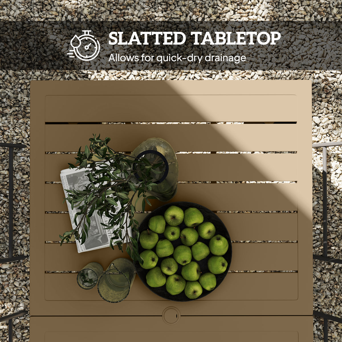 Outsunny brown slatted metal tabletop shown from above, with a centered umbrella hole