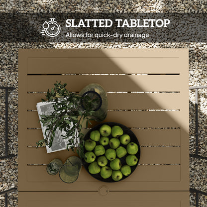 Outsunny brown slatted metal tabletop shown from above, with a centered umbrella hole