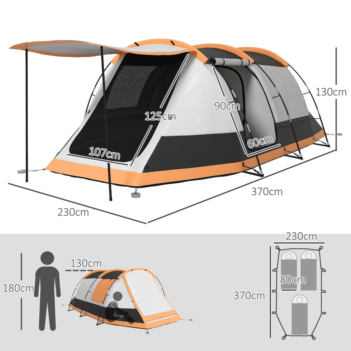 Outsunny 2 Man Camping Tent, with Two Rooms and Porch - Orange