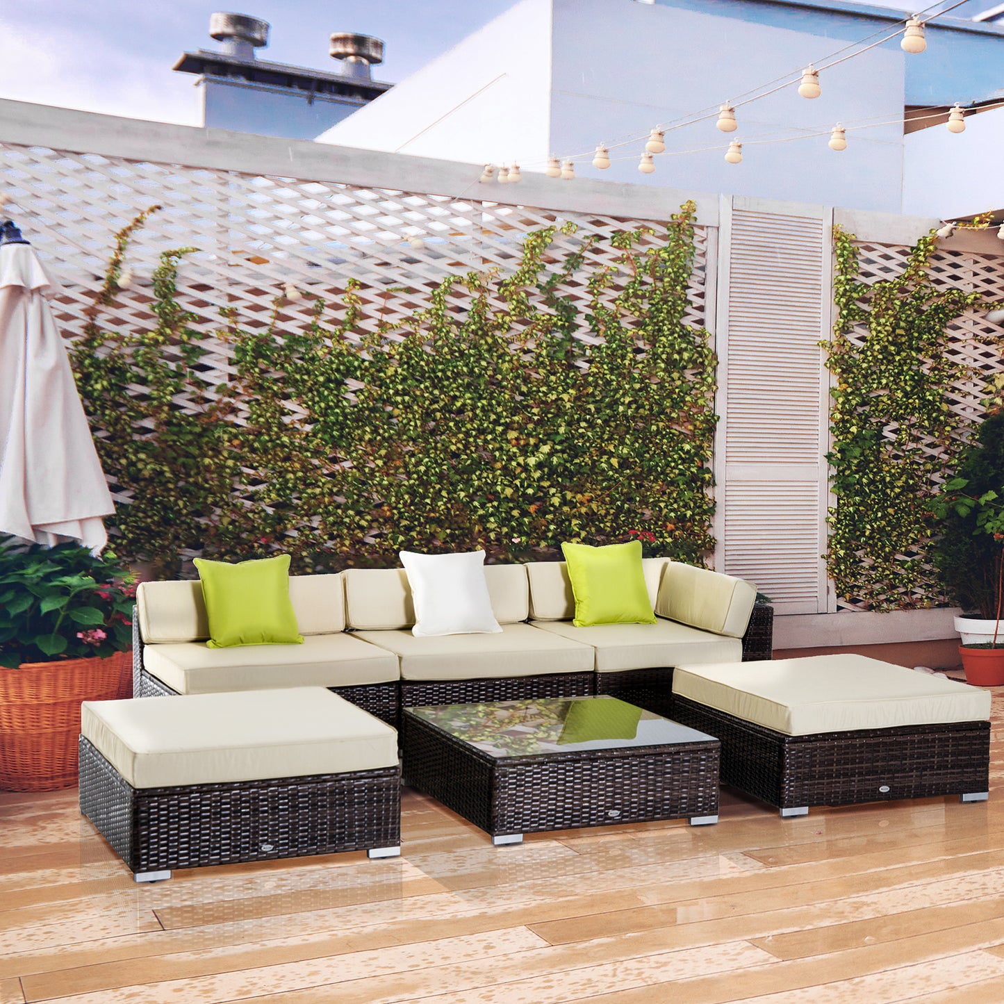 Outsunny 6 PC Rattan Sofa Coffee Table Set, Sectional Wicker Weave Furniture for Garden Outdoor Conservatory with Pillow Cushion, Brown
