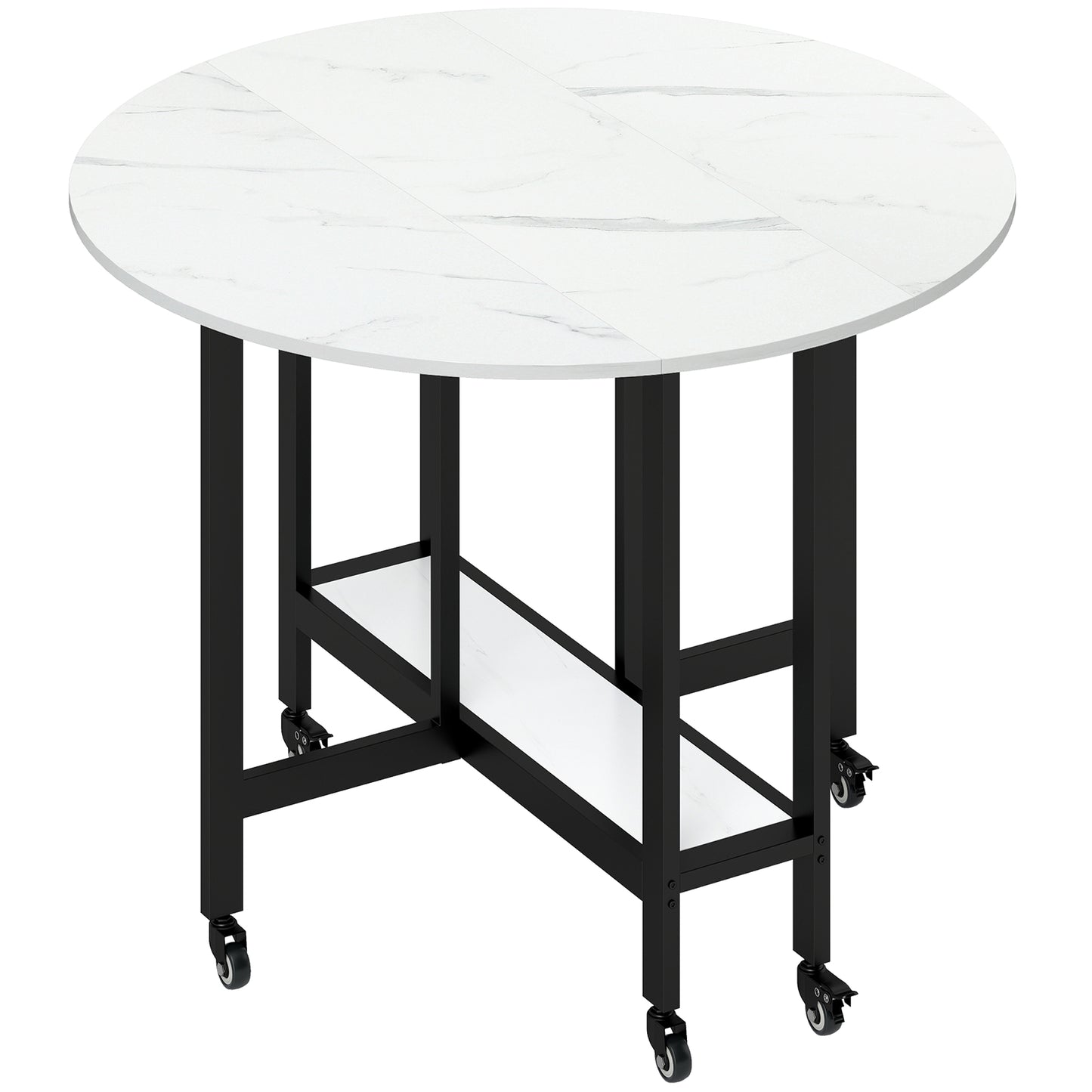 Photo of HOMCOM Folding Dining Table, Drop Leaf Table with Open Shelf, Rolling Kitchen Table for Dining Room, Small Spaces, White Marble in Marble colour on a white background
