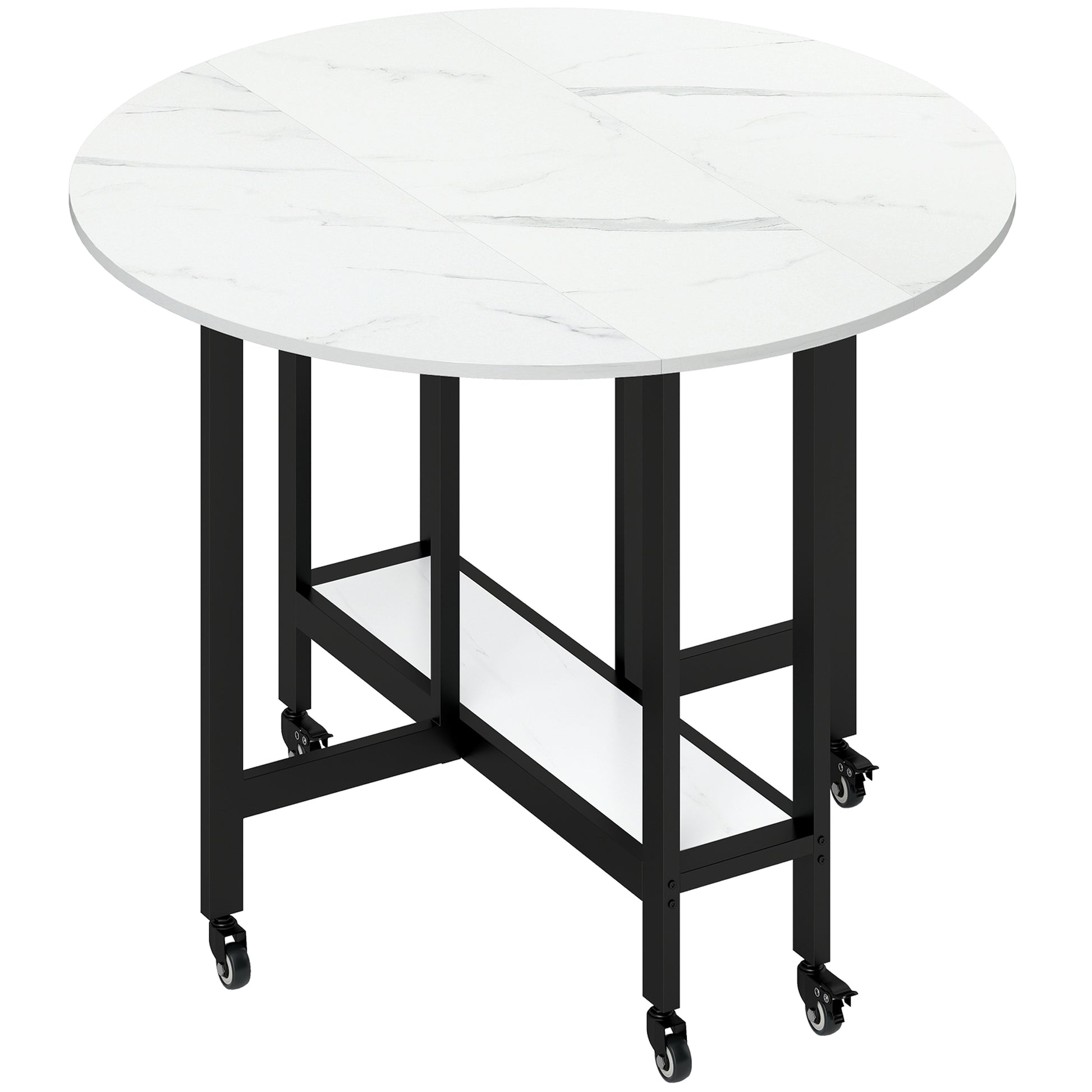 Photo of HOMCOM Folding Dining Table, Drop Leaf Table with Open Shelf, Rolling Kitchen Table for Dining Room, Small Spaces, White Marble in Marble colour on a white background