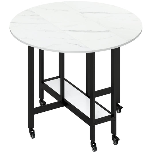 Photo of HOMCOM Folding Dining Table, Drop Leaf Table with Open Shelf, Rolling Kitchen Table for Dining Room, Small Spaces, White Marble in Marble colour on a white background