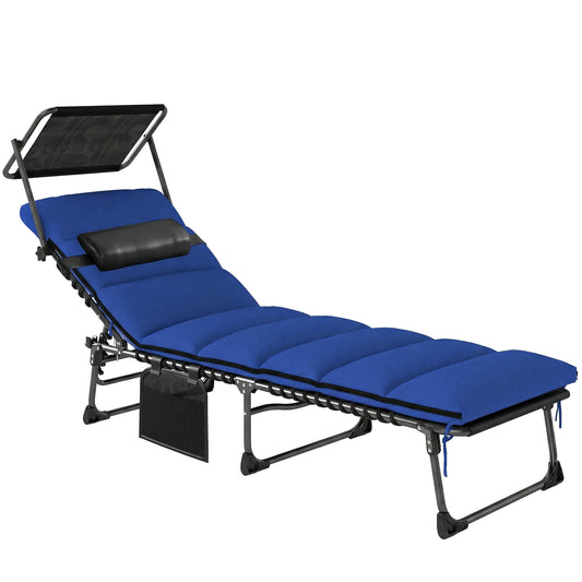Photo of Outsunny Folding Sun Lounger with Canopy, Reclining Sunbed with Cushion, Side Pocket, Carrying Handle, Dark Blue in Blue colour on a white background