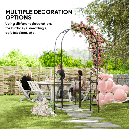 Outsunny black steel garden arch with gate decorated with flowers and balloons