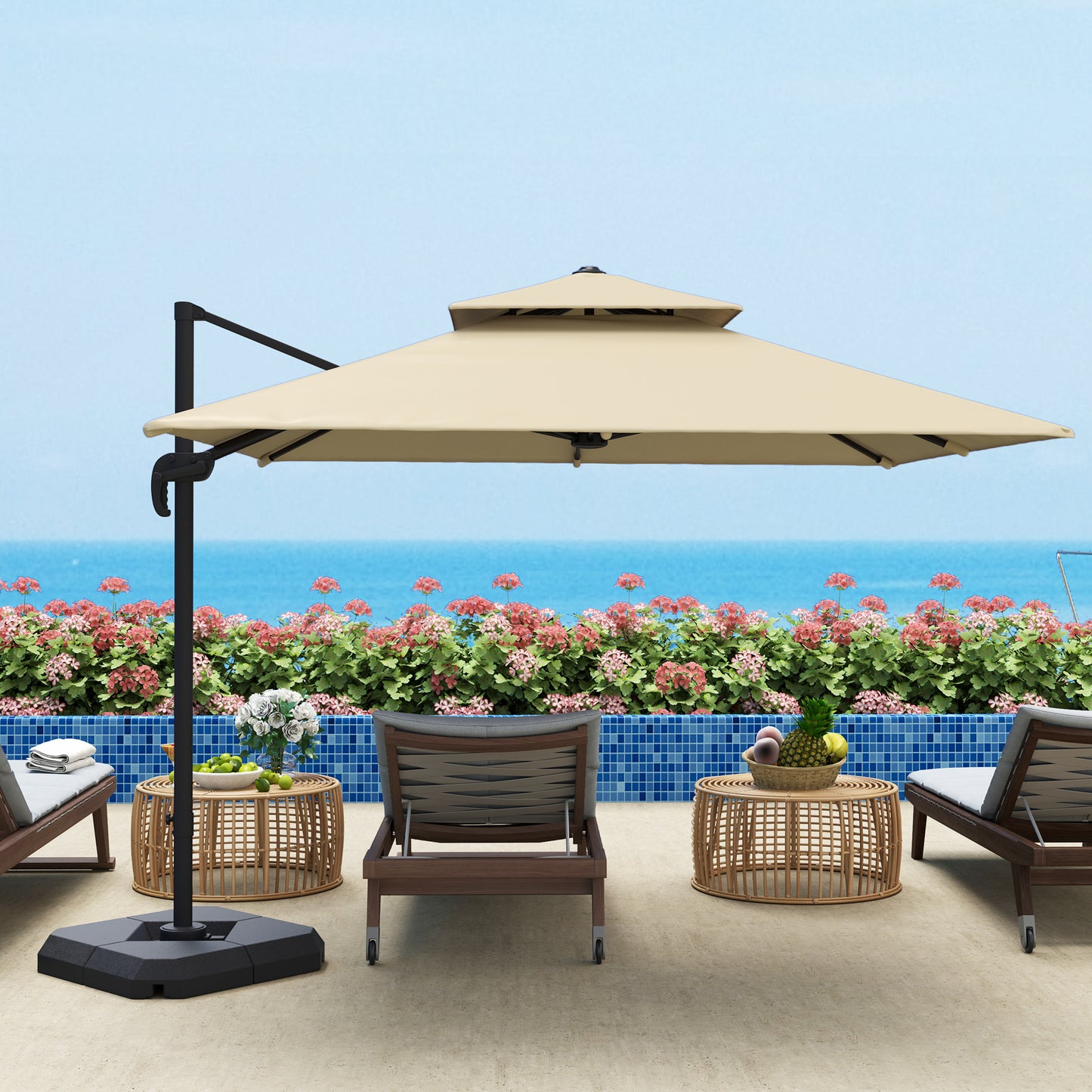 Outsunny 2.7 x 2.7 m Cantilever Parasol with Aluminium Frame, Crank and Tilt, 360-Degree Rotation, Double Top Garden Umbrella with Base and Cover, Khaki