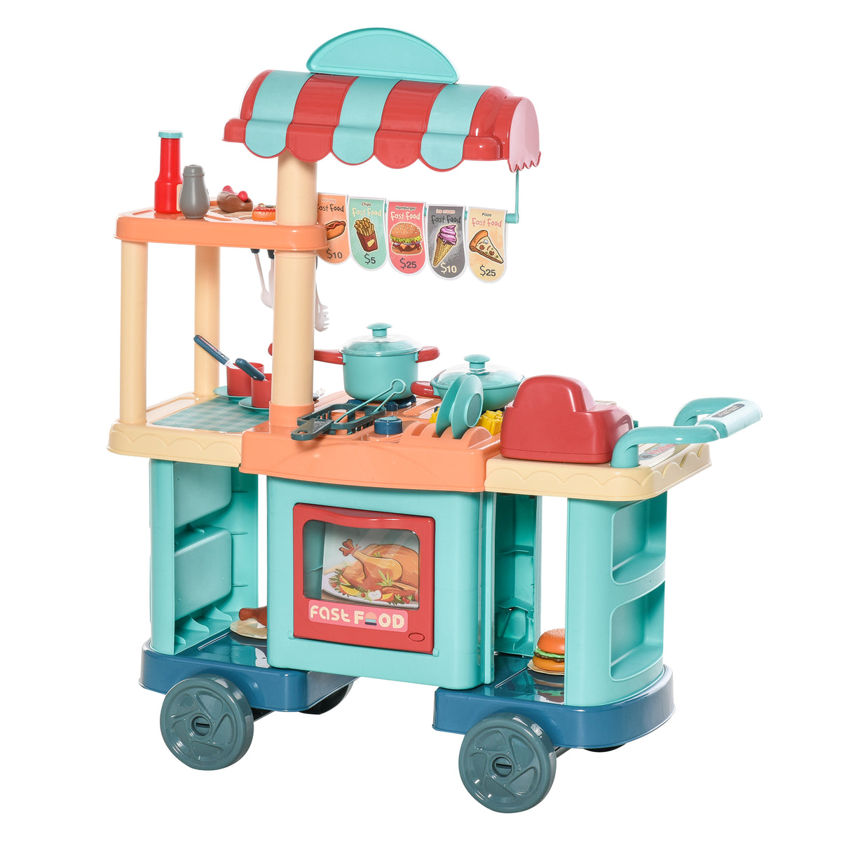 Kids' fast-food trolley playset from the opposite side, with toy cookware, shelves and wheels