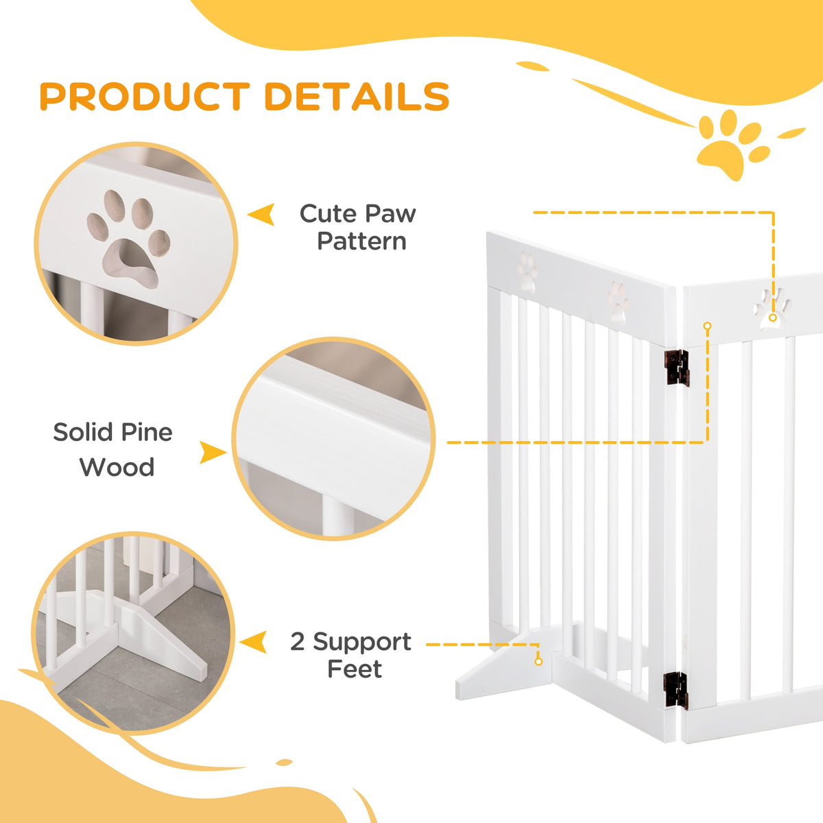 PawHut white wooden pet gate with paw cutouts, solid pine frame and two support feet