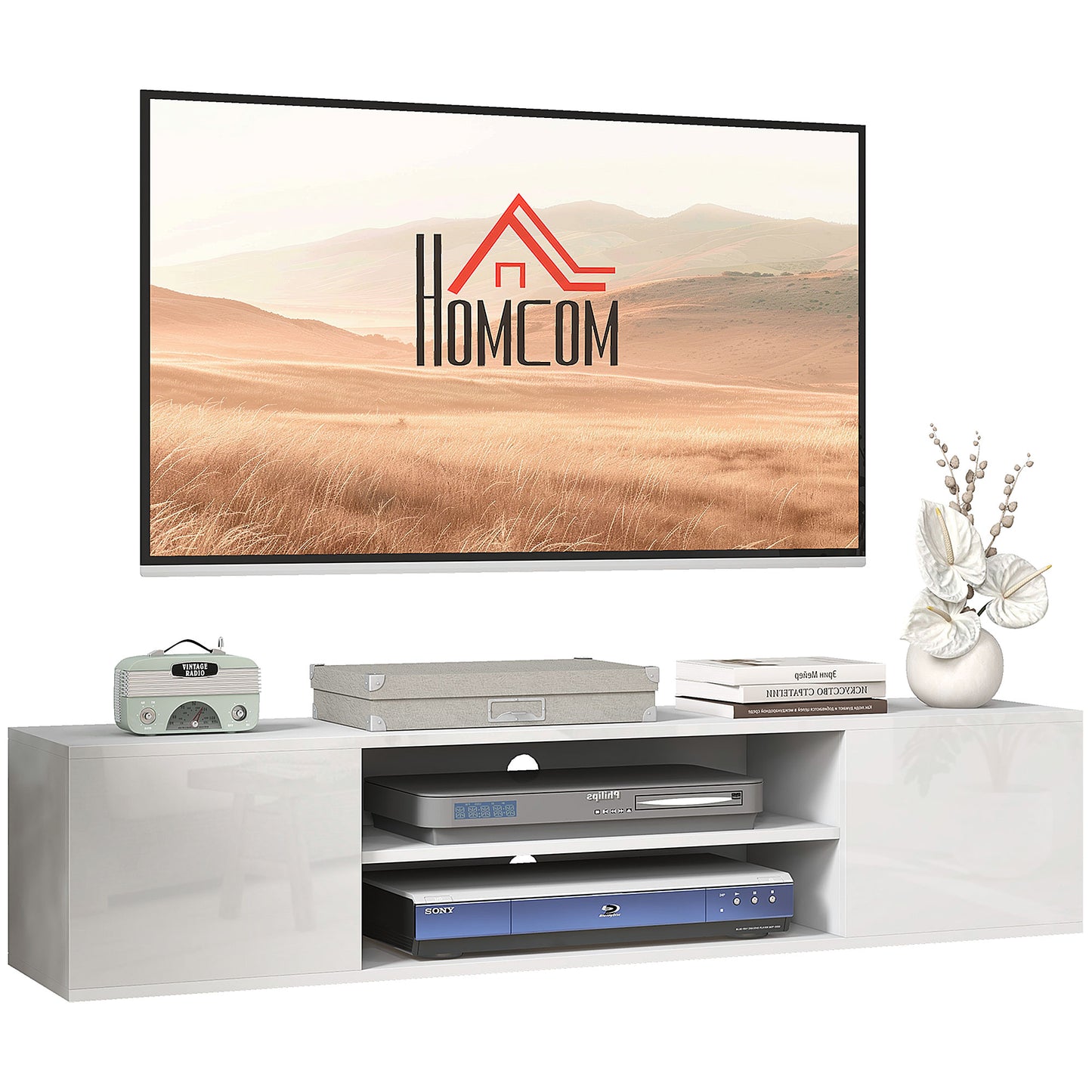 Photo of HOMCOM Floating TV Stand Cabinet for TVs up to 60", Wall Mounted TV Unit with Open Shelf, Storage Cupboards and Cable Management for Living Room, White in White colour on a white background
