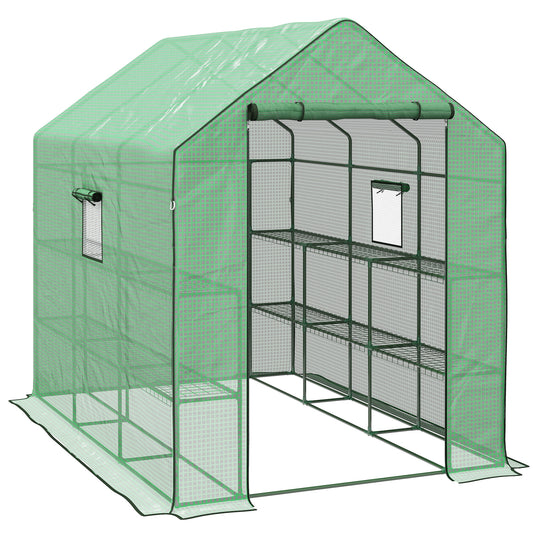 Photo of Outsunny Walk-in Greenhouse with 3 Tier 12 Shelves, Small Greenhouse with Reinforced PE Cover, Garden Plant Growhouse with Roll-up Door and Three Mesh Windows, 140 x 213 x 190 cm, Green in Green colour on a white background