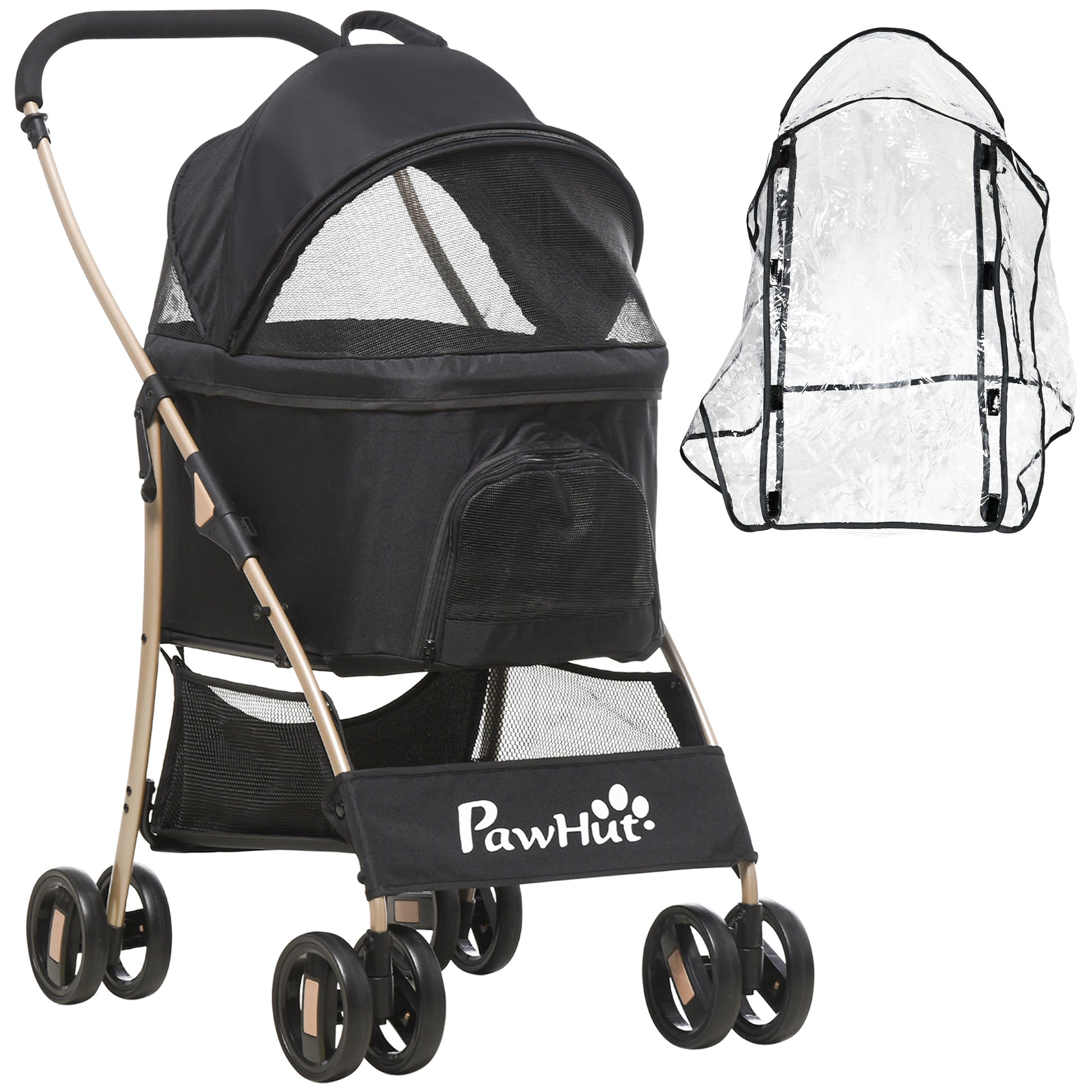 Photo of PawHut Detachable Pet Stroller with Rain Cover, 3 In 1 Cat Dog Pushchair, Foldable Carrying Bag w/ Universal Wheels, Brake, Canopy, Basket, Storage Bag for Small and Tiny Dogs - Black in Black colour on a white background