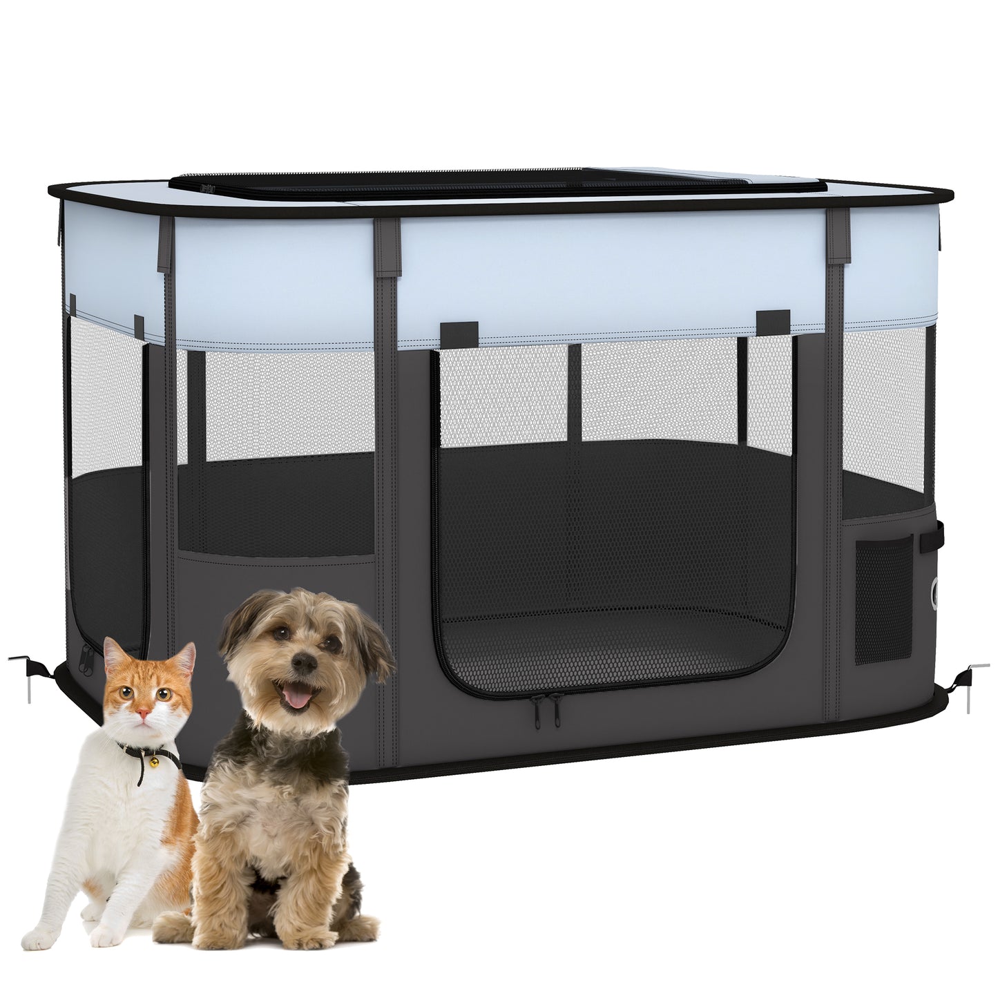 Photo of PawHut Foldable Dog Pen with Storage Bag for Indoor/Outdoor Use, Portable Pet playpen, with Ground Stakes - Grey in Grey colour on a white background